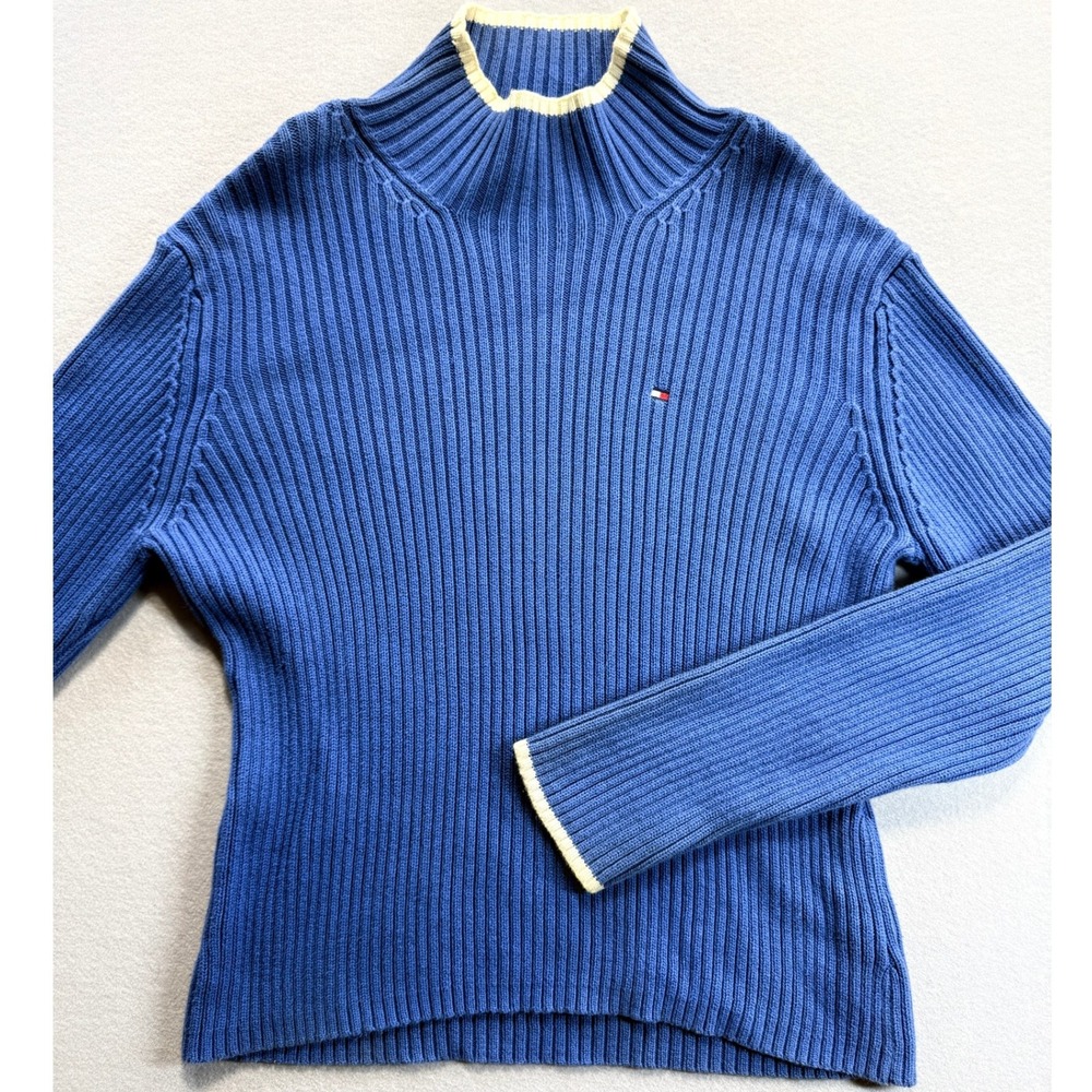 Tommy Hilfiger Jeans Sweater Women XL Blue Ribbed High Mock Neck Cotton 013638